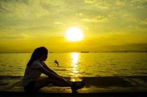 girl, sitting, sunset